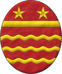 Escudo de gules, tres burelas ondadas; en jefe una faja surmontada de dos estrellas de cinco puntas todo de oro.