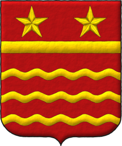 Escudo de gules, tres burelas ondadas; en jefe una faja surmontada de dos estrellas de cinco puntas todo de oro.