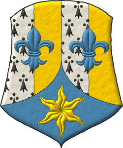 Escudo palado de cuatro piezas de armi�os y oro, brochante sobre el todo dos flores de lis en faja de azur; entado en punta de azur, una estrella ondada de oro.