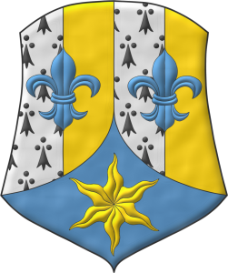 Escudo palado de cuatro piezas de armi�os y oro, brochante sobre el todo dos flores de lis en faja de azur; entado en punta de azur, una estrella ondada de oro.