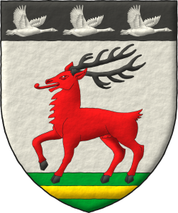 Escudo de plata, un ciervo pasante de gules, ramado y uado de sable, terrazado de una campaa de sinople cargada de una faja de oro; en un jefe de sable, tres gansos volantes alterados de plata.