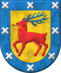 Escudo de oro, un ciervo pasante de gules, acornado de azur; una bordura de azur cargada con ocho sotueres de plata.