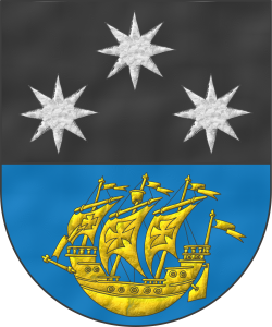 Escudo cortado: 1o de sable, tres estrellas de plata de ocho puntas, 1 y 2; 2o de azur, un barco de oro.