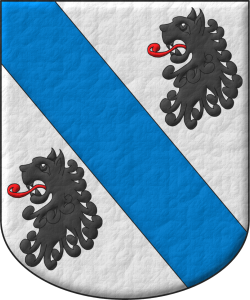 Escudo de plata, una banda de sable, acompaada de dos cabezas de len de sable, lampasadas de gules.