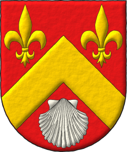 Escudo de gules, un cabrio de oro, acompaado en jefe de dos flores de lis de oro, y en punta de una venera de plata.