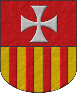 Escudo cortado: 1o de gules, una cruz patada de plata; 2o de oro, cuatro palos de gules.