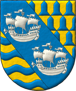 Escudo terciado en banda: 1o verado de oro y azur; 2o de azur, dos barcos en banda de plata; 3o de oro, cuatro burelas ondadas de azur.
