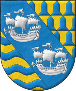 Escudo terciado en banda: 1o verado de oro y azur; 2o de azur, dos barcos en banda de plata; 3o de oro, cuatro burelas ondadas de azur.