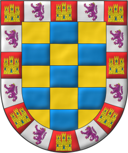 Escudo ajedrezado de quince piezas de oro y azur; una bordura componada de diecisis compones, ocho de gules, un castillo de oro, aclarado de azur, mazonado de sable, ocho de plata, un len rampante de prpura, coronado de oro, armado y lampasado de gules.