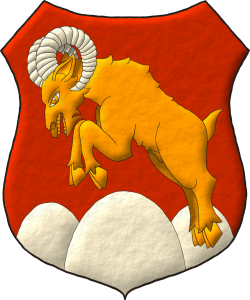 Escudo de gules, un monte de tres peas moviente de la punta de plata sumado de un borrego cimarrn saltante de oro, acornado de plata.