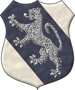 Escudo de plata, una banda de azur cargada de un jaguar rampante de plata, manchado de azur.