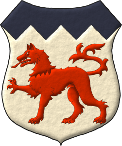 Escudo de plata, un lobo pasante de gules, un jefe centellado de azur.