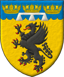Escudo de oro, un grifo rampante de sable; en un jefe acanalado de azur, tres coronas navales de oro, brisado de un lambel de tres pendientes de plata.