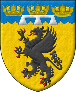Escudo de oro, un grifo rampante de sable; en un jefe acanalado de azur, tres coronas navales de oro, brisado de un lambel de tres pendientes de plata.