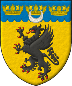 Escudo de oro, un grifo rampante de sable; en un jefe acanalado de azur, tres coronas navales de oro, brisado de un creciente de plata.