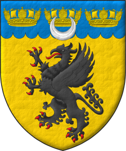 Escudo de oro, un grifo rampante de sable; en un jefe acanalado de azur, tres coronas navales de oro, brisado de un creciente de plata.