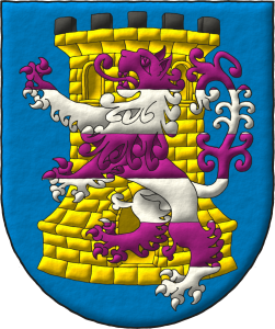 Escudo de azur, una torre de oro, almenada y mazonada de sable, brochante sobre el todo un len rampante fajado de prpura y plata.