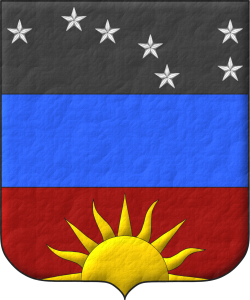 Escudo terciado en faja: 1o de sable, siete estrellas de cinco puntas de plata dispuestas como el Carro de la Osa Mayor; 2o de azur; 3o de sanguneo con un sol moviente de la punta de oro.