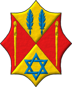 Escudo cuartelado en sotuer: 1o de oro, dos plumas para escribir en faja de azur; 2o y 3o de gules, un pincel alzado de oro; 4o de oro, una estrella de seis puntas, hueca y entrelazada de azur.