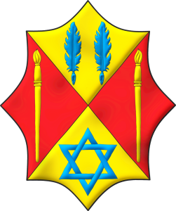 Escudo cuartelado en sotuer: 1o de oro, dos plumas para escribir en faja de azur; 2o y 3o de gules, un pincel alzado de oro; 4o de oro, una estrella de seis puntas, hueca y entrelazada de azur.