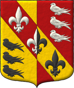 Escudo partido: 1o de oro, en la diestra de la punta tres marletas en palo de sable; 2o de gules, en la siniestra del jefe tres marletas en palo de plata; brochante sobre el todo una banda del uno al otro cargada de tres flores de lis puestas en palo, la primera de plata, la segunda partida de plata y sable y la tercera de sable.