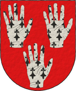 Escudo de gules, tres manos diestras levantadas y apalpadas de armiños.