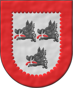 Escudo de plata: tres cabezas de jabal de sable, arrancadas, lampasadas de gules y defendidas de plata; bordura de gules, acanalada.
