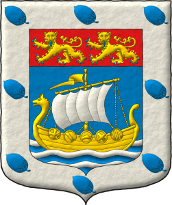 Escudo de azur, en punta tres burelas ondadas de plata sumadas de un barco normando de oro con vela de plata; en un jefe de gules, dos leopardos de oro, armados y lampasados de azur; una bordura de plata cargada de ocho bellotas puestas en banda de azur.