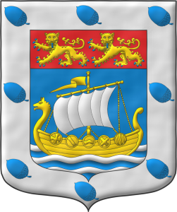 Escudo de azur, en punta tres burelas ondadas de plata sumadas de un barco normando de oro con vela de plata; en un jefe de gules, dos leopardos de oro, armados y lampasados de azur; una bordura de plata cargada de ocho bellotas puestas en banda de azur.