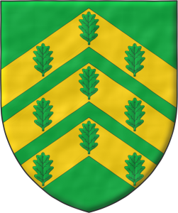 Escudo de sinople, tres cabrios de oro cargados de nueve hojas de roble de sinople, 3, 3 y 3.