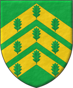Escudo de sinople, tres cabrios de oro cargados de nueve hojas de roble de sinople, 3, 3 y 3.