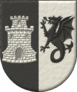 Escudo partido: 1o de sable, una torre donjonada de plata; 2o de plata, un guiverno rampante de sable.