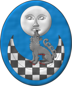 Escudo de azur, en jefe una luna figurada de plata, en punta un creciente ajedrezado de sable y plata; brochante sobre el todo una loba aullante, sentada en el creciente al natural, armada y ubres de gules.