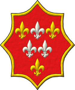 Escudo de gules, seis flores de lis, en jefe una de plata entre dos de oro, en faja dos de plata, en punta una de oro; una bordura de oro.