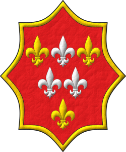Escudo de gules, seis flores de lis, en jefe una de plata entre dos de oro, en faja dos de plata, en punta una de oro; una bordura de oro.