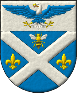 Escudo de azur, un sotuer de plata acompa�ado en jefe de una abeja al natural, en faja de dos flores de lis de oro; en un jefe de plata, un �guila calva de azur, cabeza y cola de plata, picada, armada y membrada de oro, lampasada de gules.