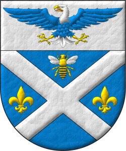 Escudo de azur, un sotuer de plata acompa�ado en jefe de una abeja al natural, en faja de dos flores de lis de oro; en un jefe de plata, un �guila calva de azur, cabeza y cola de plata, picada, armada y membrada de oro, lampasada de gules.