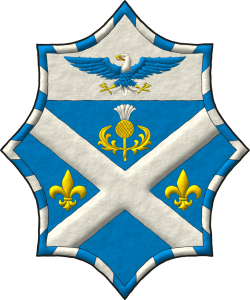 Escudo de azur, un sotuer de plata acompa�ado en jefe de un cardo de oro, florido de plata, en faja de dos flores de lis de oro; en un jefe de plata, un �guila calva de azur, cabeza y cola de plata, picada, armada y membrada de oro, lampasada de gules; una bordura jironada de treinta y seis piezas de azur y plata.