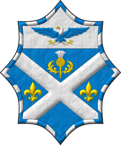 Escudo de azur, un sotuer de plata acompa�ado en jefe de un cardo de oro, florido de plata, en faja de dos flores de lis de oro; en un jefe de plata, un �guila calva de azur, cabeza y cola de plata, picada, armada y membrada de oro, lampasada de gules; una bordura jironada de treinta y seis piezas de azur y plata.