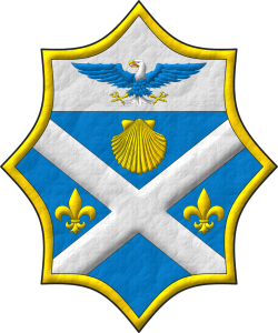 Escudo de azur, un sotuer de plata acompa�ado en jefe de una venera de oro, en faja de dos flores de lis de oro; en un jefe de plata, un �guila calva de azur, cabeza y cola de plata, picada, armada y membrada de oro, lampasada de gules; una bordura de oro.