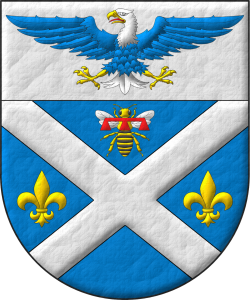 Escudo de azur, un sotuer de plata acompa�ado en jefe de una abeja al natural, en faja de dos flores de lis de oro; en un jefe de plata, un �guila calva de azur, cabeza y cola de plata, picada, armada y membrada de oro, lampasada de gules; brochante sobre el todo un lambel de gules.
