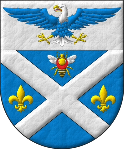 Escudo de azur, un sotuer de plata acompa�ado en jefe de una abeja al natural, en faja de dos flores de lis de oro; en un jefe de plata, un �guila calva de azur, cabeza y cola de plata, picada, armada y membrada de oro, lampasada de gules; brochante sobre el todo un creciente de gules.
