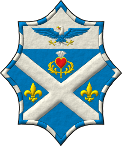 Escudo de azur, un sotuer de plata acompa�ado en jefe de un cardo de oro, florido de plata, en faja de dos flores de lis de oro; en un jefe de plata, un �guila calva de azur, cabeza y cola de plata, picada, armada y membrada de oro, lampasada de gules; una bordura jironada de treinta y seis piezas de azur y plata; brochante sobre el todo un coraz�n de gules perfilado de oro.