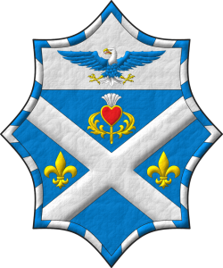 Escudo de azur, un sotuer de plata acompa�ado en jefe de un cardo de oro, florido de plata, en faja de dos flores de lis de oro; en un jefe de plata, un �guila calva de azur, cabeza y cola de plata, picada, armada y membrada de oro, lampasada de gules; una bordura jironada de treinta y seis piezas de azur y plata; brochante sobre el todo un coraz�n de gules perfilado de oro.