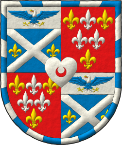 Escudo cuartelado: 1o y 4o de azur, un sotuer de plata acompa�ado en faja de dos flores de lis de oro; en un jefe de plata, un �guila calva de azur, cabeza y cola de plata, picada, armada y membrada de oro, lampasada de gules; 2o y 3o de gules, seis flores de lis, en jefe una de plata entre dos de oro, en faja dos de plata y en punta una de oro; una bordura jironada de veinticuatro piezas de plata y azur; brochante sobre el todo un coraz�n de plata cargado de un creciente de gules.