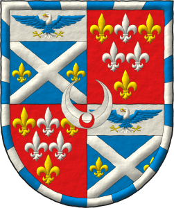 Escudo cuartelado: 1o y 4o de azur, un sotuer de plata acompa�ado en faja de dos flores de lis de oro; en un jefe de plata, un �guila calva de azur, cabeza y cola de plata, picada, armada y membrada de oro, lampasada de gules; 2o y 3o de gules, seis flores de lis, en jefe una de plata entre dos de oro, en faja dos de plata y en punta una de oro; una bordura jironada de veinticuatro piezas de plata y azur; brochante sobre el todo un creciente de plata cargado de un creciente de gules.