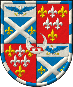 Escudo cuartelado: 1o y 4o de azur, un sotuer de plata acompa�ado en faja de dos flores de lis de oro; en un jefe de plata, un �guila calva de azur, cabeza y cola de plata, picada, armada y membrada de oro, lampasada de gules; 2o y 3o de gules, seis flores de lis, en jefe una de plata entre dos de oro, en faja dos de plata y en punta una de oro; una bordura jironada de veinticuatro piezas de plata y azur; brochante sobre el todo un creciente de plata cargado de un lambel de gules.