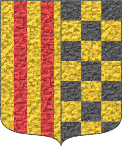 Escudo dimidiado: 1o de oro, cuatro palos de gules; 2o ajedrezado de oro y sable.