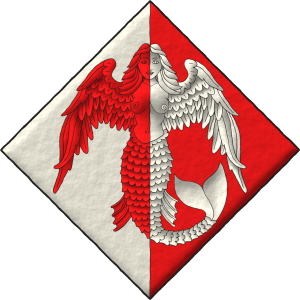 Escudo partido de plata y gules, una sirena con alas de cisne por brazos del uno al otro.