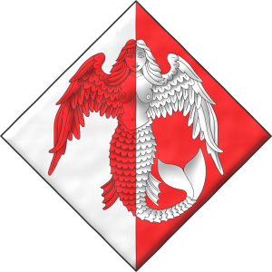 Escudo partido de plata y gules, una sirena con alas de cisne por brazos del uno al otro.
